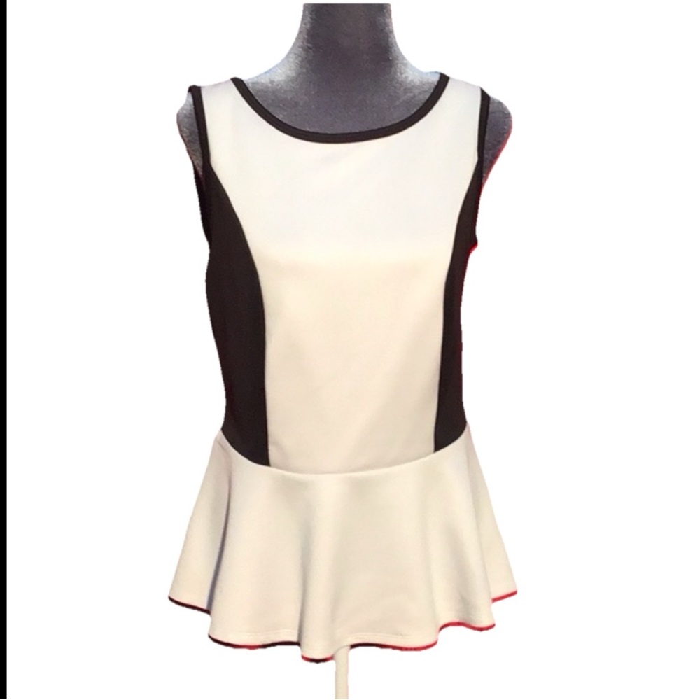 Bisou Bisou Black & White Print Peplum Blouse Sleeveless Fit & Flare Top Small